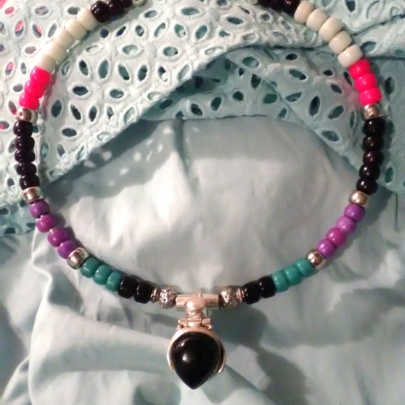Handmade Jewelry - Colorful Onyx and Pearl Pendant Beaded Choker